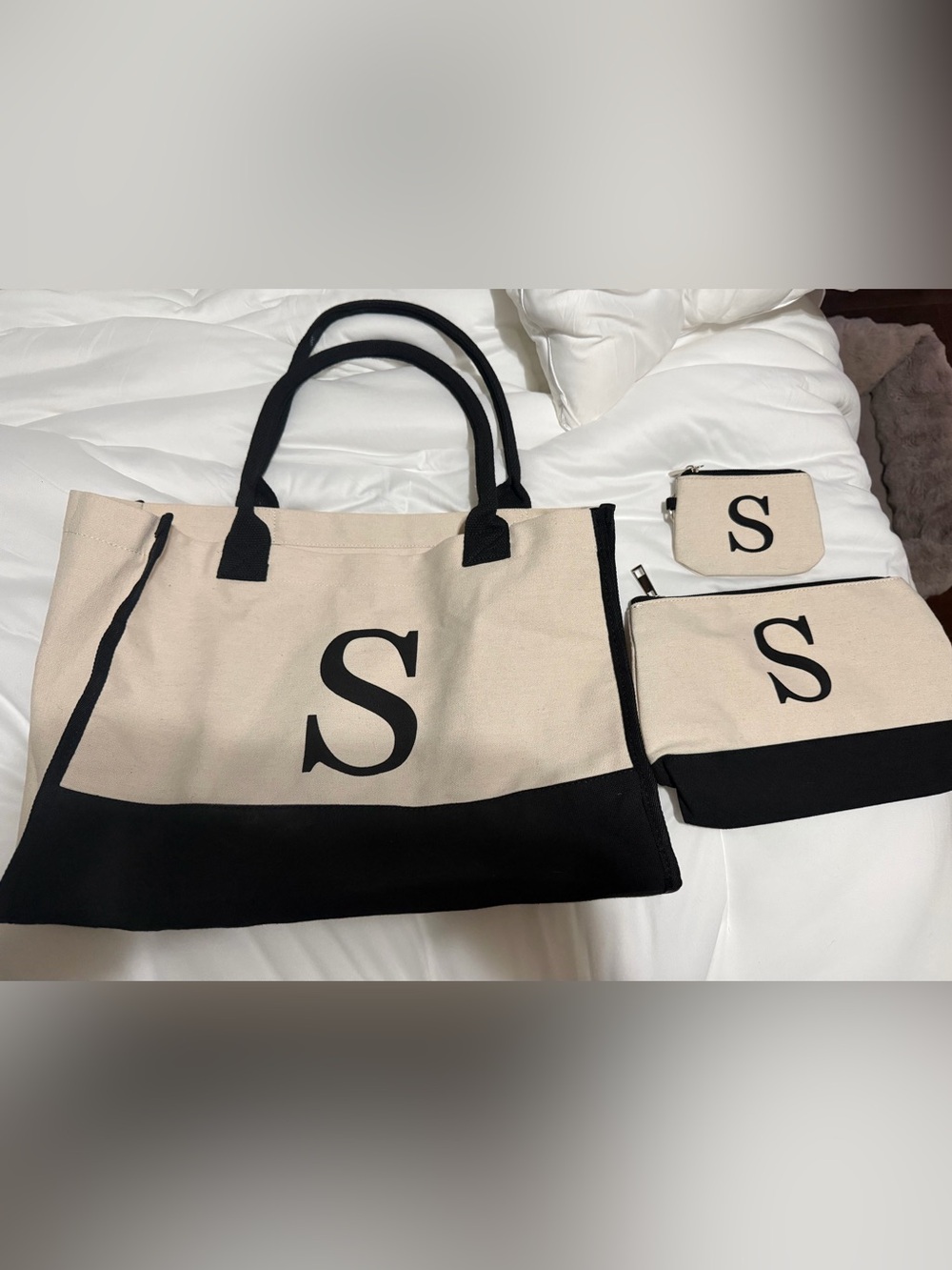 Canvas Tote Bag Set with Matching Pouches S initials